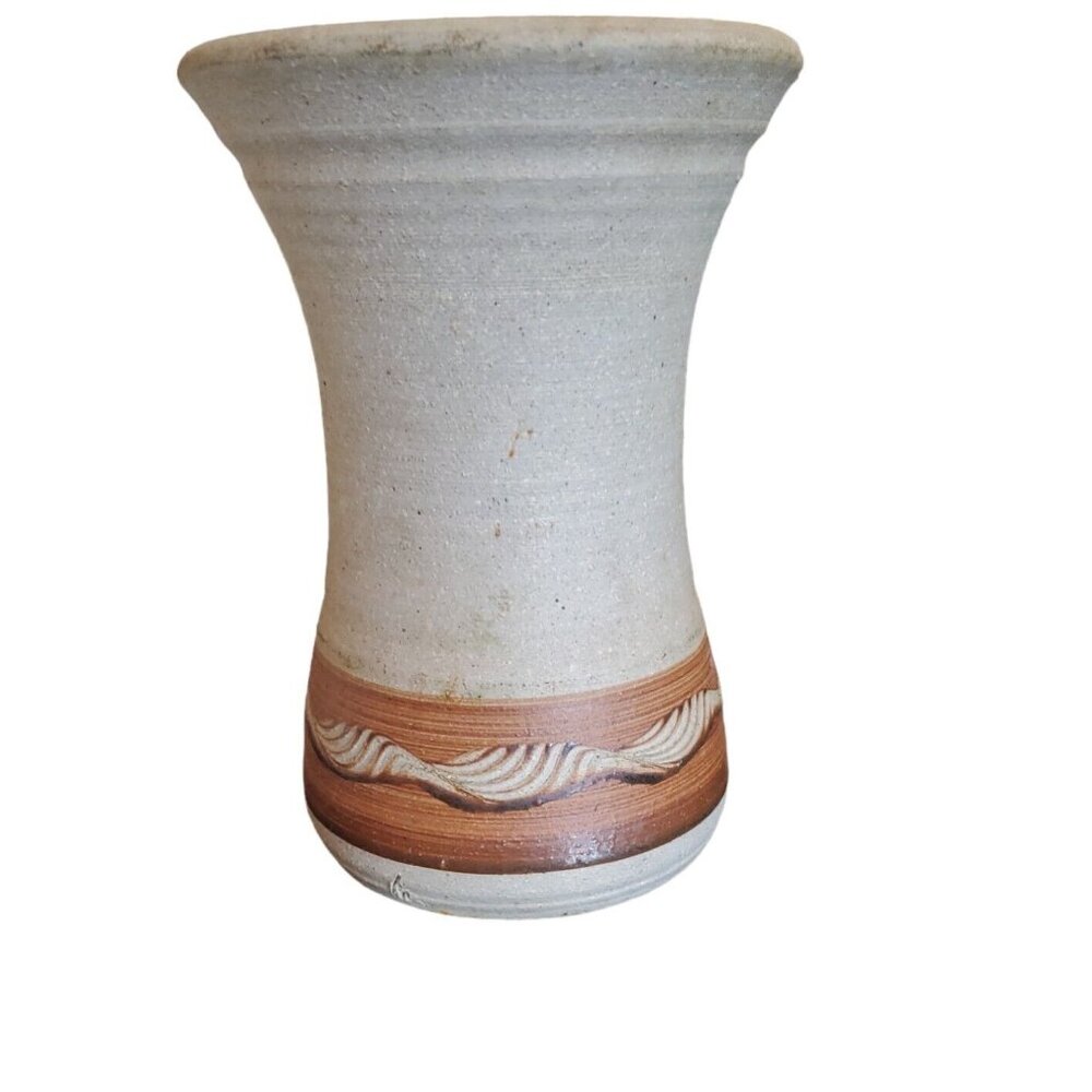 Vintage Hand Thrown Studio Art Stoneware Vase Incised Designs  Signed 7" Tall